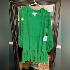 New CeCe Split V-Neck Long Sleeve Clip Dot Tiered Babydoll Dress Large